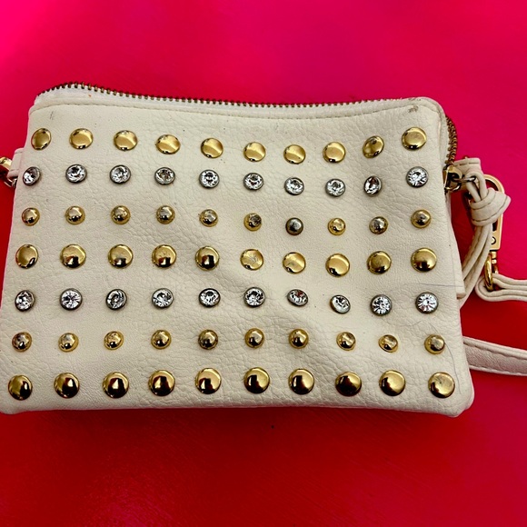 White with silver and gold studded purse with built in wallet - Picture 1 of 3